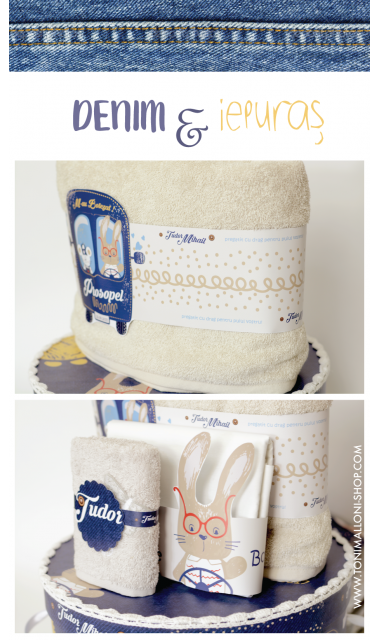 Trusou de botez cu iepuras brodat din denim si blue jeans, Iepurasul fashionist 5